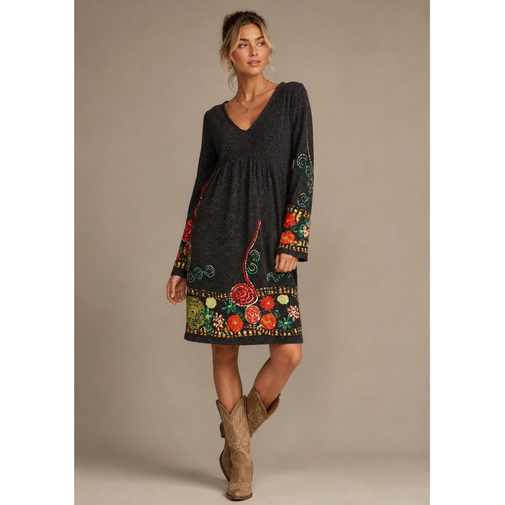 Vtg Bette Paige Sweater Dress M Gray Knit Floral Print V-Neck Boho Whimsigoth